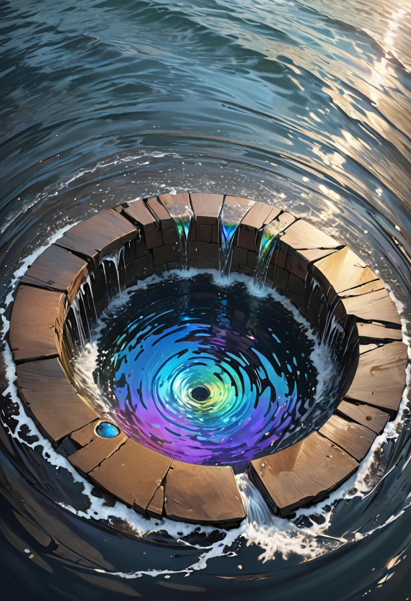 The surface of the lake, the water flowing into a mysterious large round hole, the iridescent splashes of water, (ultra detailed, absolutely resolution, best quality:1.3), 2.5D, delicate and dynamic effects, artistic photography, hyper realistic, graphic CG digital art, conceptual installation art