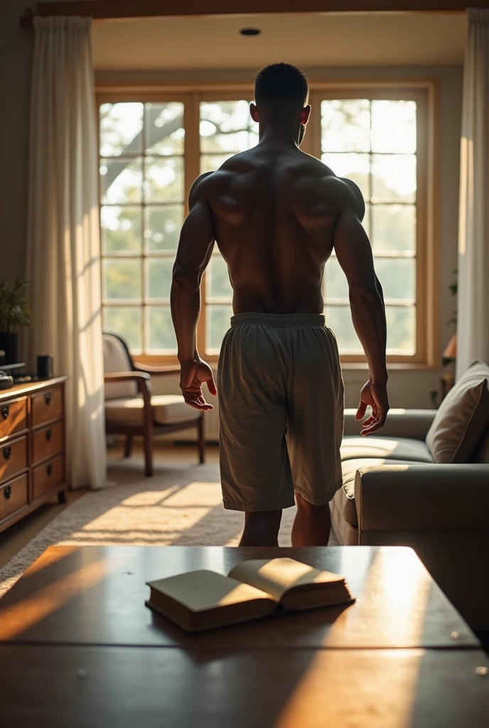 Black-skinned martial artist walks into his home. He comes from training, therefore, your sportswear. I want the image to be captured from the living room table when he opens the door and enters.. Curiously, at that same table, There is a diary