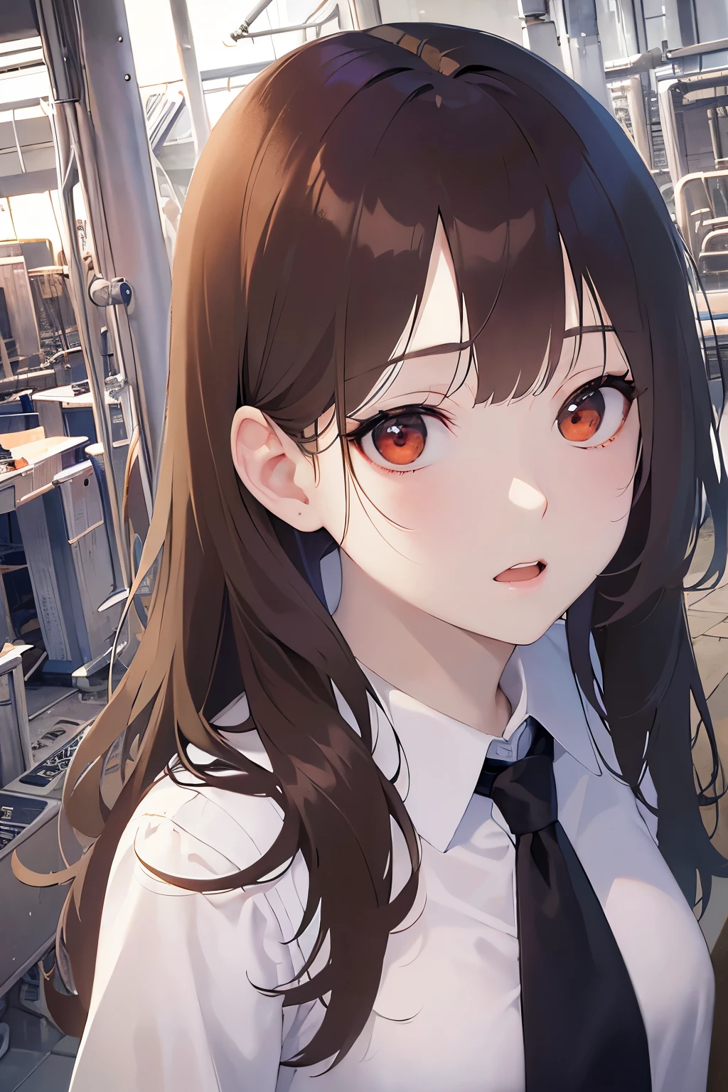 leaning forward、Shooting from above、Upper Body, Realistic, real person, (pale skin: 1.2), RAW photo, photorealistic, shiny skin, shiny hair、 (A 2 woman with medium-length hair and bangs) and (wavy hair) and (brown hair) and (orange eyes),(white collared shirts)、 surprised,Assembly line、(factory:1.5),(alone:1.5)