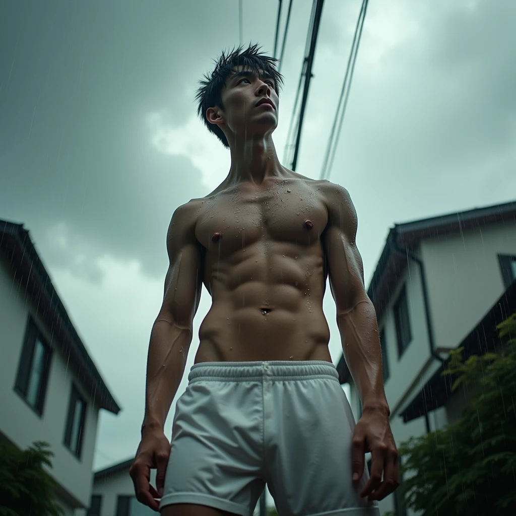 Behold a fashion editorial photo shoot featuring a photogenic and charming mixed Japanese 1 male supermodel, natural pale skin tone with a fit and slander body stands confidently under a rain, The camera angle is a dramatic low-angle shot, looking up at the model from below, creating a sense of power and dominance in the composition. The model ((wears white sheer t shirt and short pants with wet thick bulge)), which emphasizes his athletic physique, particularly his toned legs and strong posture. His stance is wide and firm, with one arm slightly extended forward, creating a dynamic perspective that draws the viewer's eye upward along his body to his face. The environment is during a sudden downpour, with dark, heavy clouds looming overhead. The once bright sky is now filled with layers of gray, adding a dramatic contrast to the model’s olive skin. The lighting is diffused, with soft, even shadows, and the wet sheen on the model's body enhances the definition of his body. The rain is visible as small droplets, some clinging to the model’s skin and others caught mid-fall, adding texture and a sense of movement to the image.
The environment is an raining and scattered clouds, contributing to the image's vibrant and energetic atmosphere. The sunlight is intense, casting strong, natural light on the model's body, which accentuates his body definition and adds depth to the image. adds a sense of realism and enhances the rainy feel of the scene.
The photograph is taken with a Canon EOS R5 camera paired with a Canon RF 16mm F2.8 STM lens. The wide-angle lens is perfect for capturing the model's full body while emphasizing the expansive sky above. The inspiration for this shot draws from the work of Bruce Weber, known for his bold, dynamic compositions and ability to capture the strength and beauty of the human form, soak clothes, wet hair and body:1.37, dripped water across his chest and abdomen, creating glistening lines that highlight the model's muscular definition.