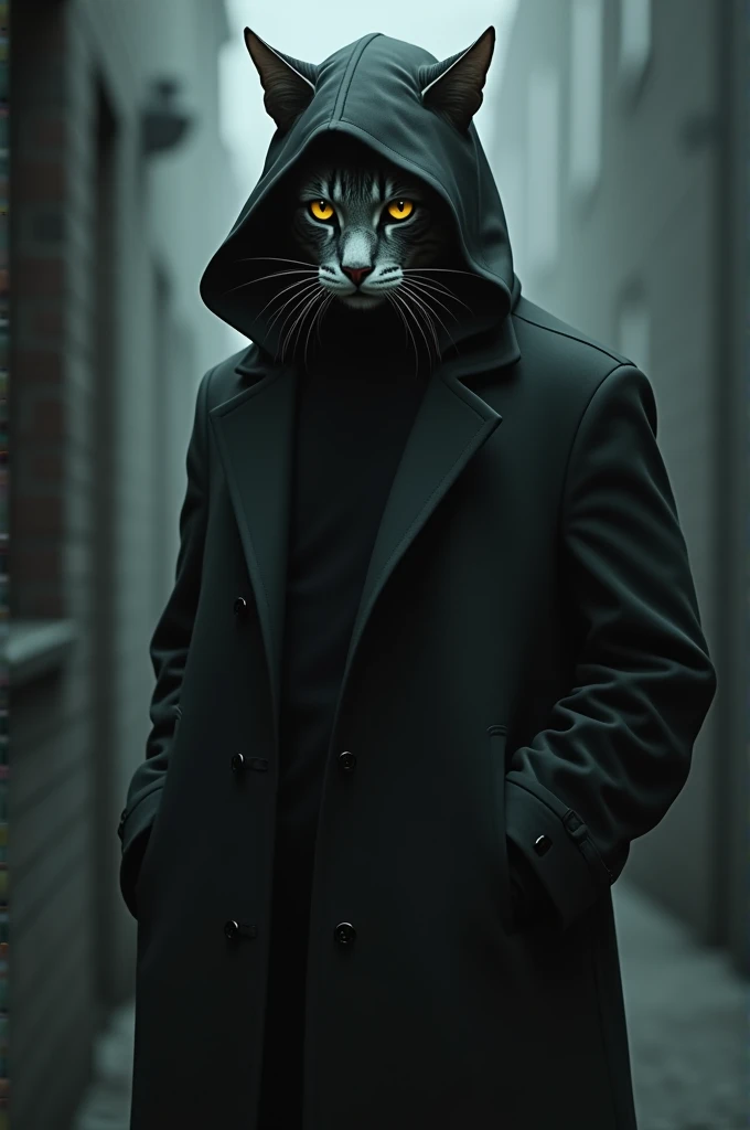 Man in coat with cat face