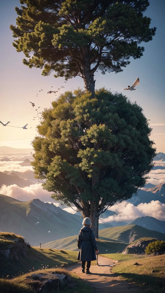 Add a ring of trees around the Earth, with small birds flying between them. A figure of an elderly person and a young child walking hand in hand appears on the Earth, symbolizing the passage of time and the continuity of generations.