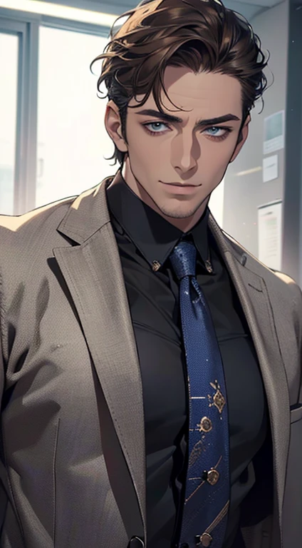 (best quality,4k,8k,highres,masterpiece:1.2),ultra-detailed,(realistic,photorealistic,photo-realistic:1.37),1 man,3,mature man,very handsome,without expression,smile,short grey brown hair,blue eyes,penetrating gaze,perfect face without errors,imposing posture,businessman,office background,cinematic lighting,hdr image