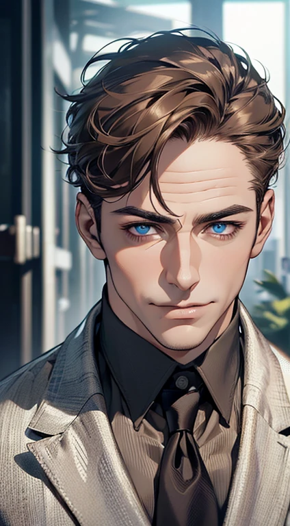 (best quality,4k,8k,highres,masterpiece:1.2),ultra-detailed,(realistic,photorealistic,photo-realistic:1.37),1 man,3,mature man,very handsome,without expression,smile,short grey brown hair,blue eyes,penetrating gaze,perfect face without errors,imposing posture,businessman,office background,cinematic lighting,hdr image
