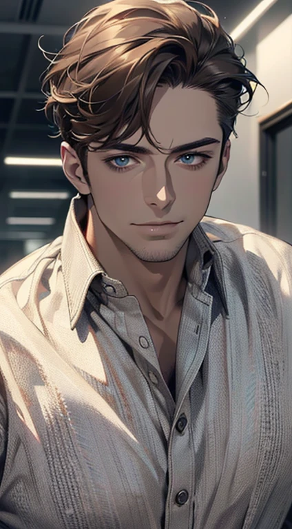 (best quality,4k,8k,highres,masterpiece:1.2),ultra-detailed,(realistic,photorealistic,photo-realistic:1.37),1 man,3,mature man,very handsome,without expression,smile,short grey brown hair,blue eyes,penetrating gaze,perfect face without errors,imposing posture,businessman,office background,cinematic lighting,hdr image