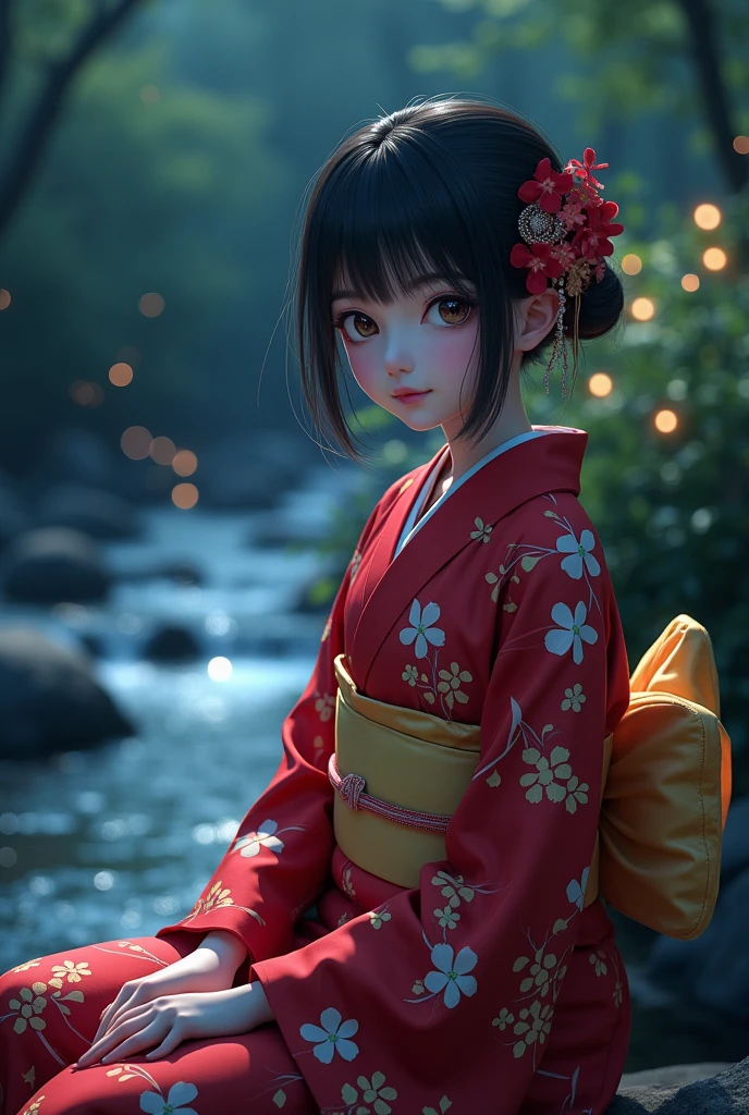 (masterpiece,best quality:1.4),(8k,raw photo,photo realistic:1.2),shiny skin,detailed skin,detailed face,detailed eyes,Detailed hands,Detailed Background、1girl,Japanese idol,(beautiful face),(Shining Eyes:1.1),、、Symmetrical eyes、、Great background、Great location、((Japanese Yukata))、(Detailed and very cute,,Junior idol,)、Mysterious夜,Fireflies flying around in the stream,The light emitted by fireflies,Full body portrait,,Mysterious,Charming girl sitting,nswf,sexy Instagram style