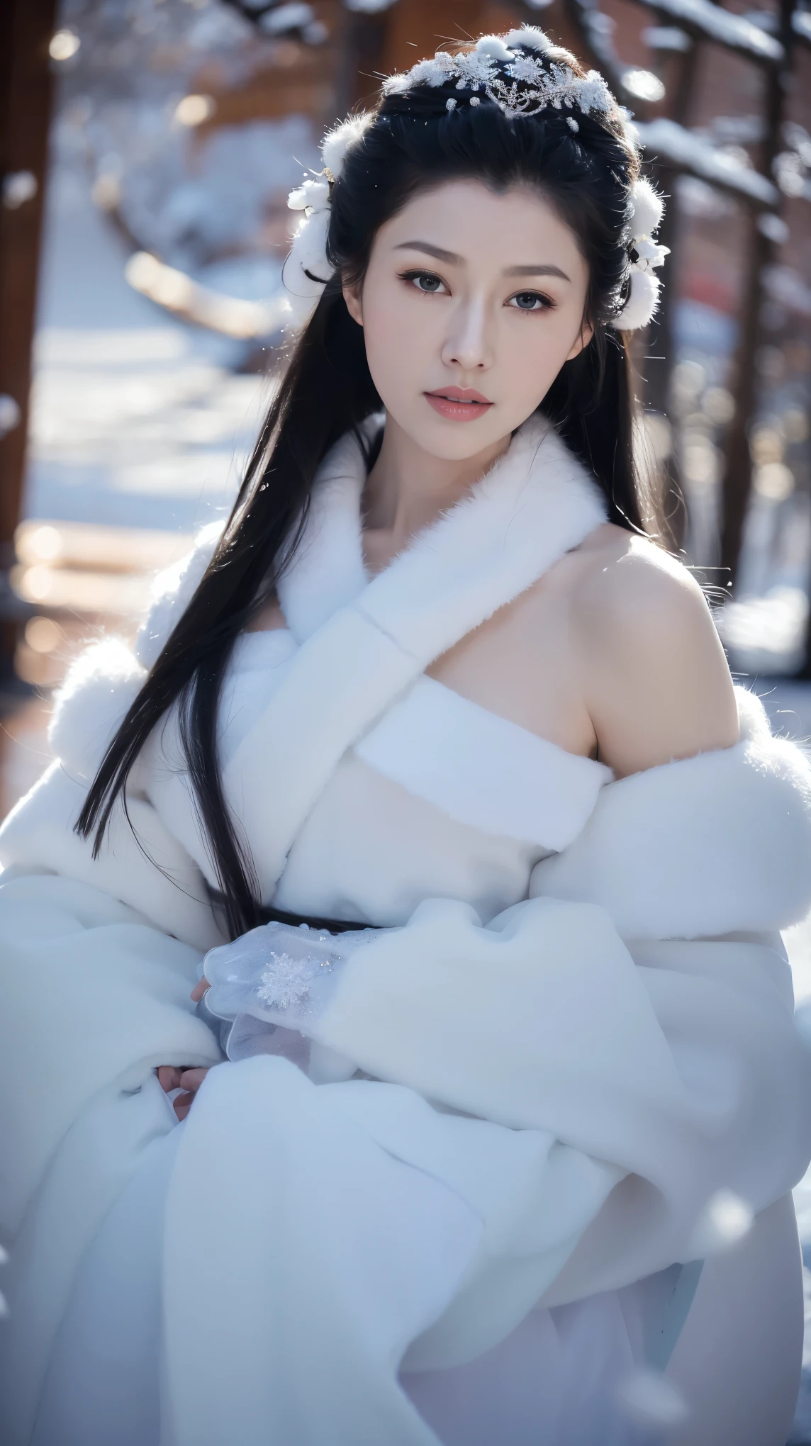 1 Fashion Model [[[[close up]]]], [[[[neck]]]], [[[[Shoulder]]]], (((Complete head)))，(((Complete hairstyle)))，Perfect eyes, Perfect Iris，Perfect lips，Perfect Teeth，Perfect skin，White skin，Soft headlights，High-density imaging，Black long hair，（Clean and delicate face），((White fur winter hanfu))，((Half-length photo))，((The background is a snowy scene))，((winter))，((Various dynamic poses))，((The background is a snowy scene))，best quality，masterpiece，（Soft colors：1.2）