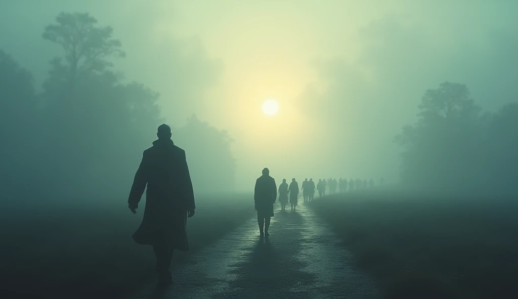 "The lone walker from before now strides with confidence down the same path. Slowly, silhouettes of people begin to appear behind them, forming a line that grows larger with each step they take. The fog starts to clear, revealing a clearer, brighter path."