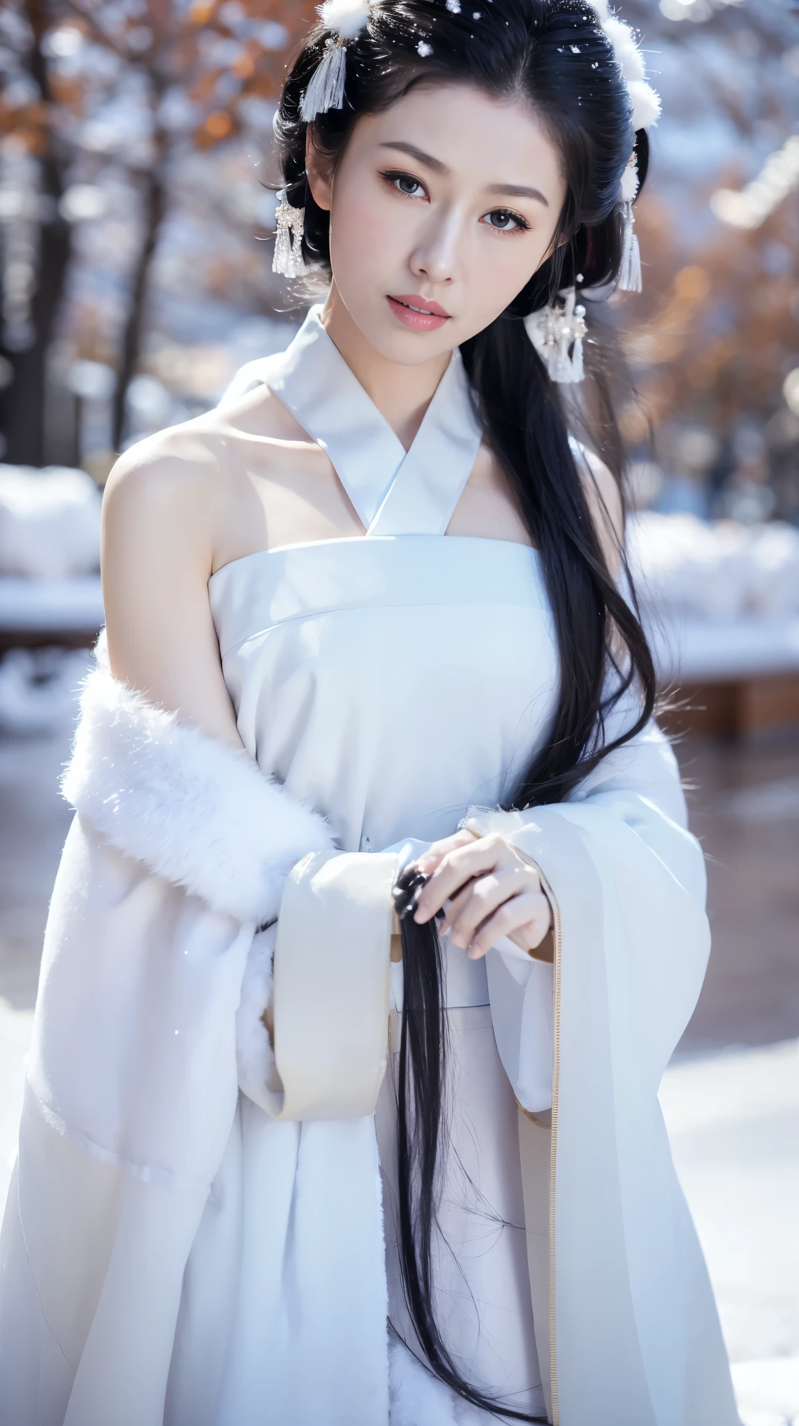 1 Fashion Model [[[[close up]]]], [[[[neck]]]], [[[[Shoulder]]]], (((Complete head)))，(((Complete hairstyle)))，Perfect eyes, Perfect Iris，Perfect lips，Perfect Teeth，Perfect skin，White skin，Soft headlights，High-density imaging，Black long hair，（Clean and delicate face），((White fur winter hanfu))，((Half-length photo))，((The background is a snowy scene))，((winter))，((Various dynamic poses))，((The background is a snowy scene))，best quality，masterpiece，（Soft colors：1.2）