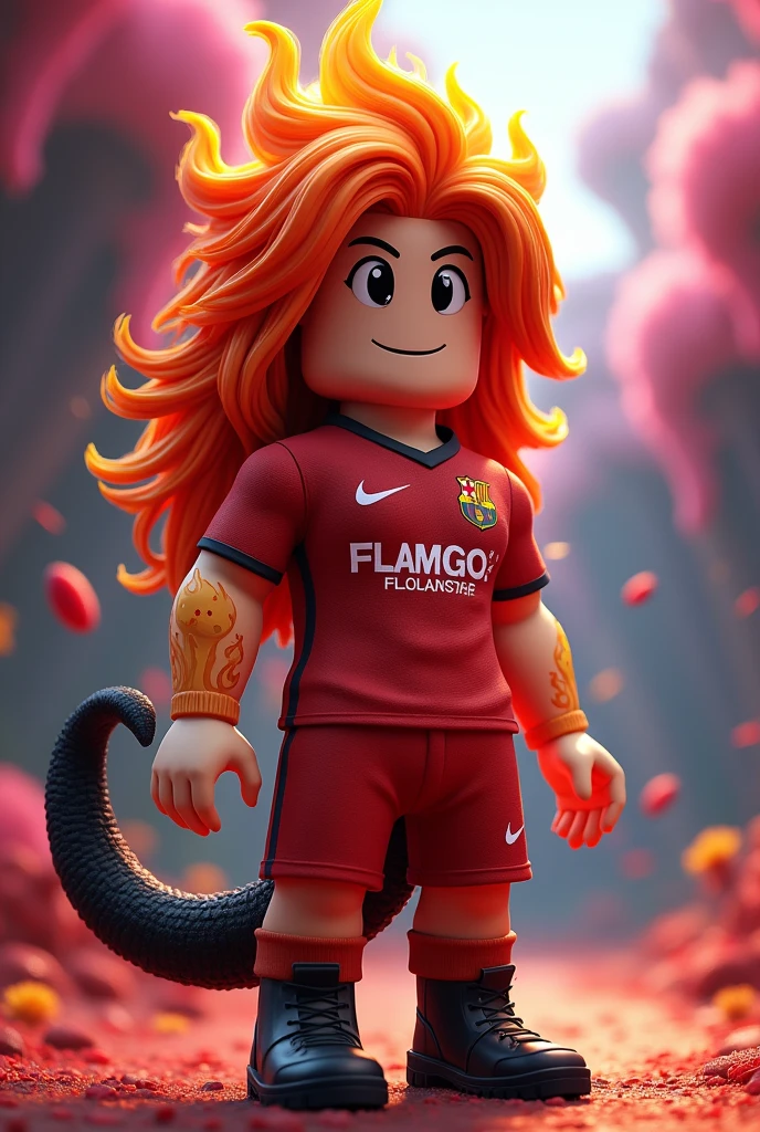 A character with a Flamengo shirt, red hair and a black tail from the Roblox game