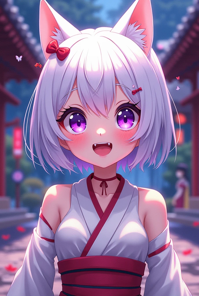 Anime girl characterized by detailed characters with clear lines but varying the thickness of the stroke as the stroke progresses. Use a palette of vibrant and contrasting colors, with visual effects that mix traditional Japanese with the fantastic, with violet eyes and short white hair, smiling slightly and some small fangs