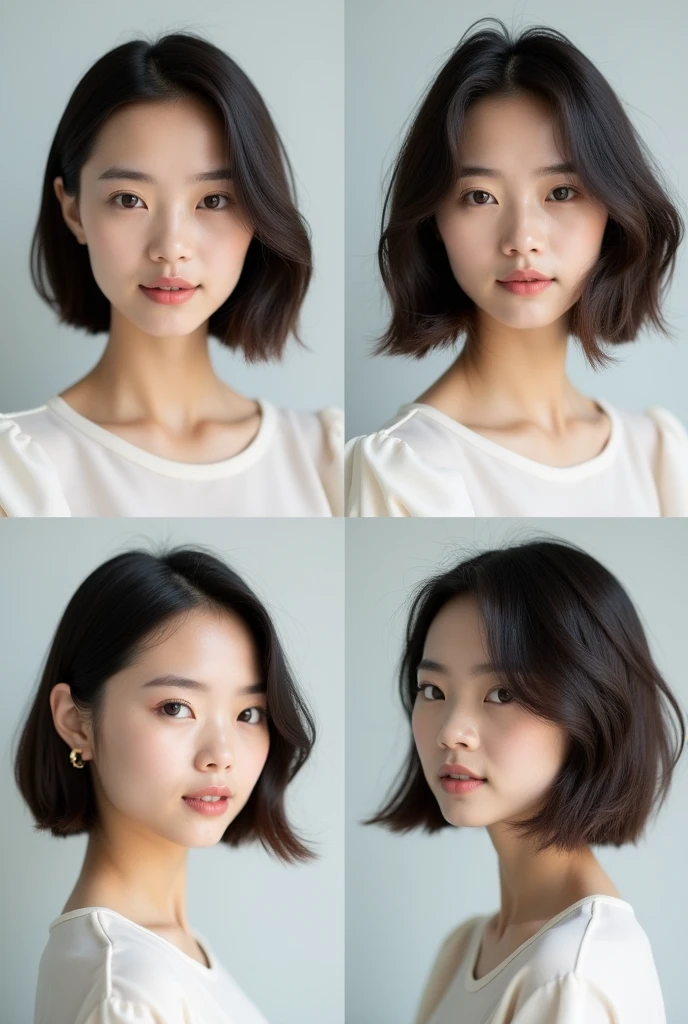 The image is a collage of four photos of a young asian woman with 4 variant bob cut hairstyles, same face, thin face.