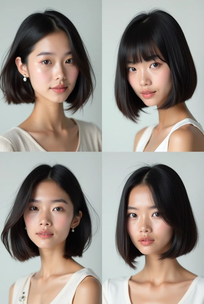 The image is a collage of four photos of a young asian woman with 4 variant bob cut hairstyles, same face, thin face.