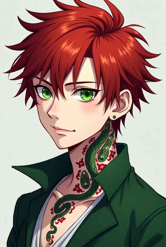 Red-haired, green-eyed boy with a mole under his left eye, white skin with a tattoo of a snake on his neck quite masculine anime