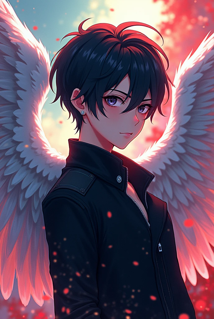 anime boy, dark hair, Angel wings, black jacket, colored background