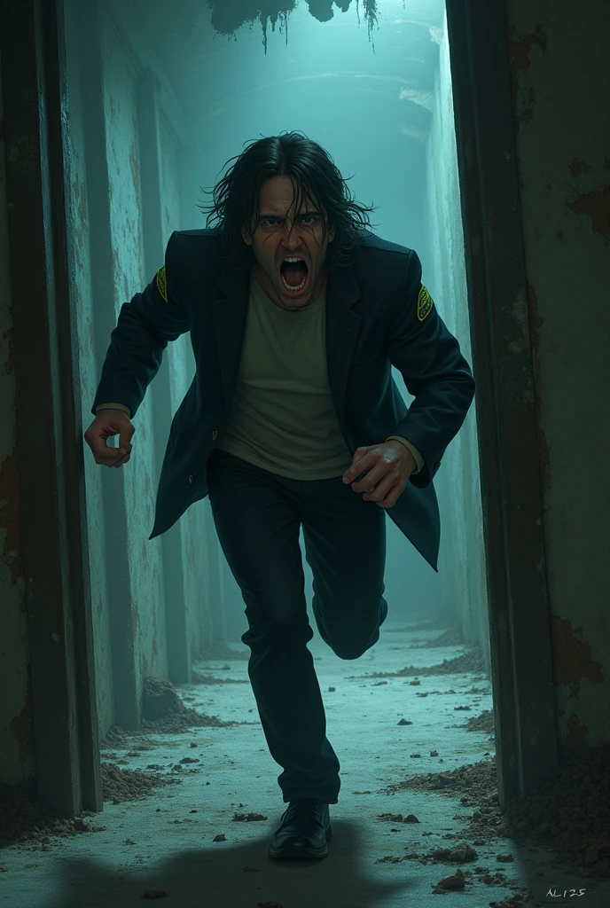 A security guard was running out of the creepy blik with a scared face