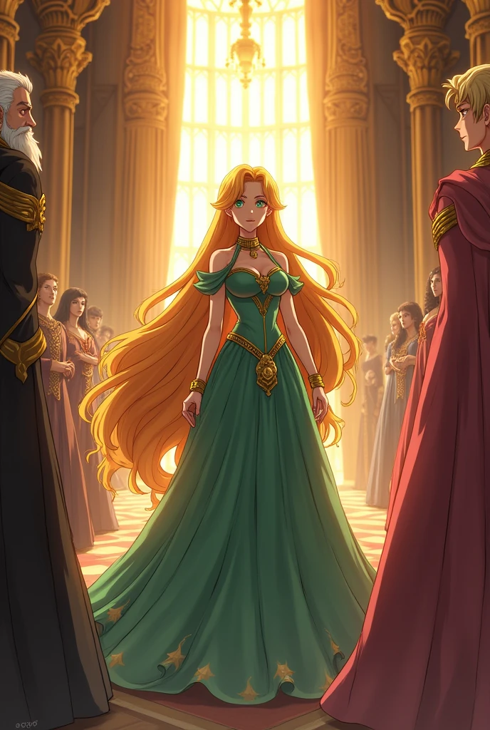 In anime style "A beautiful princess, Elara, with golden hair and emerald eyes Elara stands in a grand throne room, facing the royal court. She wears a regal gown, her posture strong and defiant. The King, her father, sits on the throne, looking stern and disapproving, while courtiers murmur among themselves. The room is opulent, with high ceilings, ornate decorations, and tall windows letting in beams of daylight.