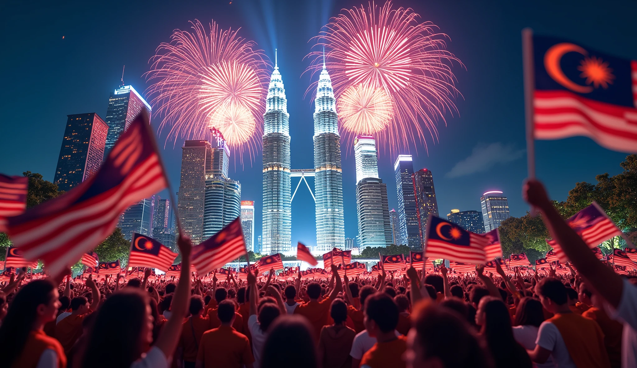 ((photorealism:1.2)), Malaysia Day, Citizens back, Malaysia flags, Malaysia Petronas Twin tower, High-Quality image Generation, night view, fireworks, citizen's cloth different colors, citizens hold Malaysia flag