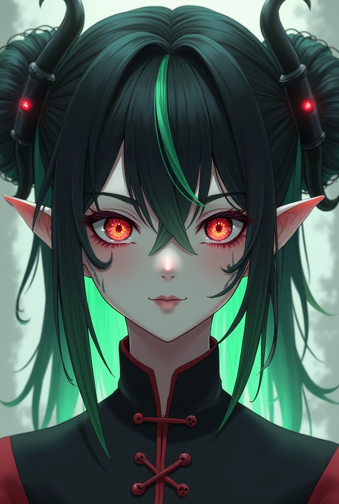 A gray-skinned demon girl, black hair with green tips tied in two side buns without bangs, in place of his eyes are two black sewing buttons, black flame marks on the sides of her face and she is wearing traditional Chinese clothing, anime styling.