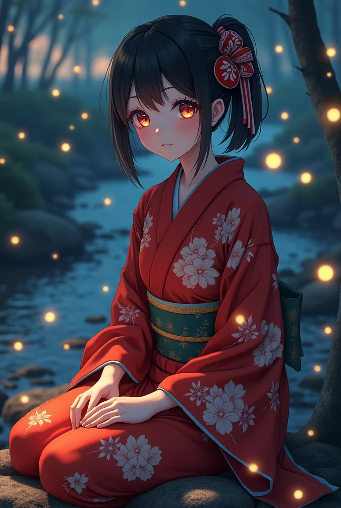 (masterpiece,best quality:1.4),(8k,raw photo,photo realistic:1.2),shiny skin,detailed skin,detailed face,detailed eyes,Detailed hands,Detailed Background、1girl,Japanese idol,(beautiful face),(Shining Eyes:1.1),、、Symmetrical eyes、、Great background、Great location、((Japanese Yukata))、(Detailed and very cute,,Junior idol,)、Mysterious夜,Fireflies flying around in the stream,The light emitted by fireflies,Full body portrait,,Mysterious,Charming girl sitting,nswf,sexy Instagram style
