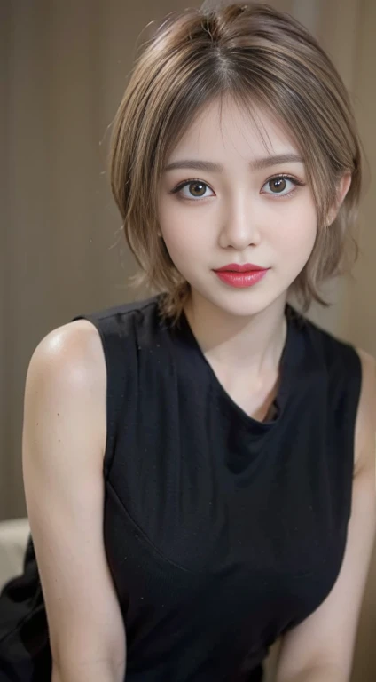 blush a little and smile, (Top quality masterpiece:1.2) Delicate illustrations, Very detailed, /Beautiful Japanese Women、1 person,Very cute and slim、Great style 、((8k images、super high quality))、Very delicate face, Big Breasts、Skin and Hair、beautifule forehead、Red lipstick、(((((short hair、Blonde、lure))))),Very cute Japanese cut face、Eyes and nose are clearly visible、Kind eyes,((((Sexy black sleeveless dress))))