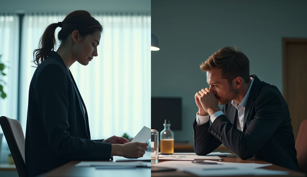 "Split-screen visual: on one side, a person confidently resigns from their job, handing over a letter with a determined expression; on the other, a person hesitates at their desk, biting their nails and looking anxious, with cluttered papers around them, reflecting indecision and fear."