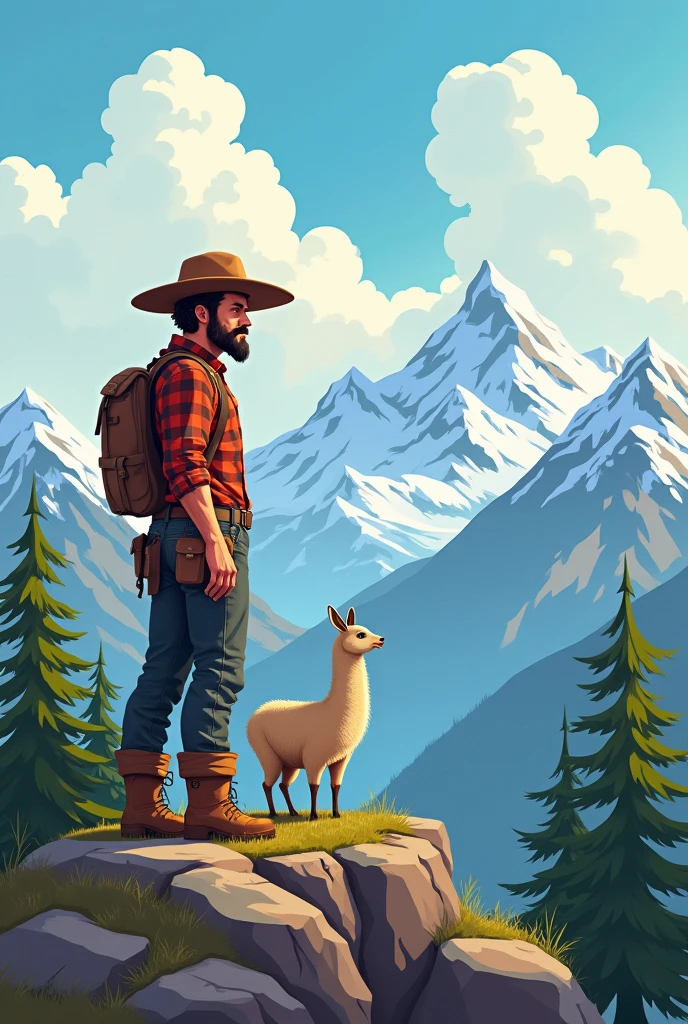 A lumberjack watching a vicuña in the distance and the lumberjack is on one mountain and the vicuña on another with a cartoon drawing