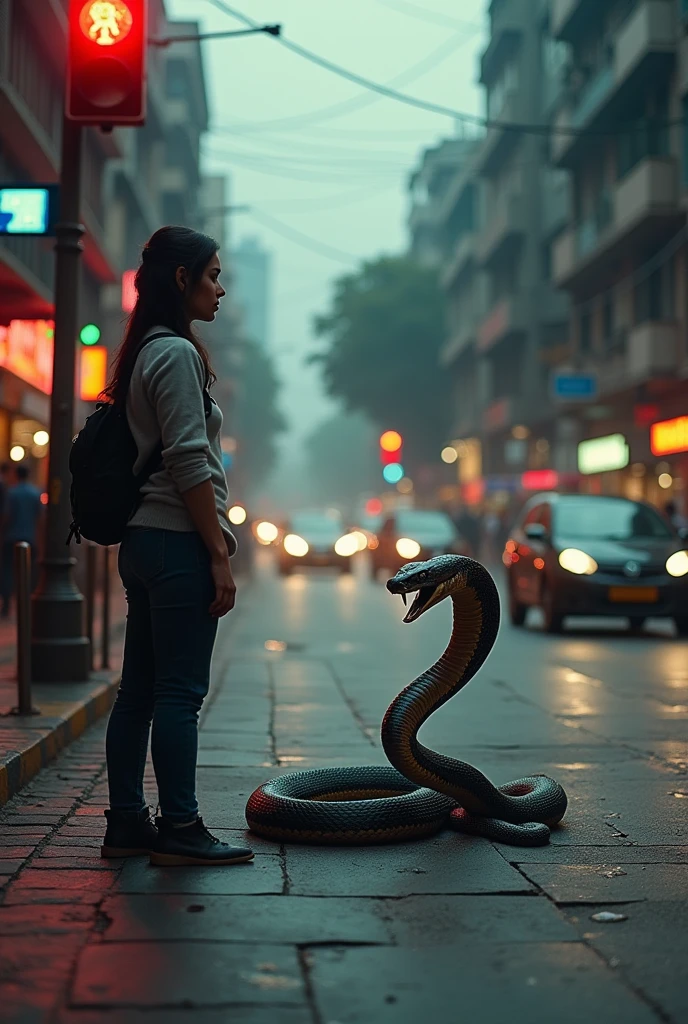 Kobra snake in mumbai road read light with one girl 
