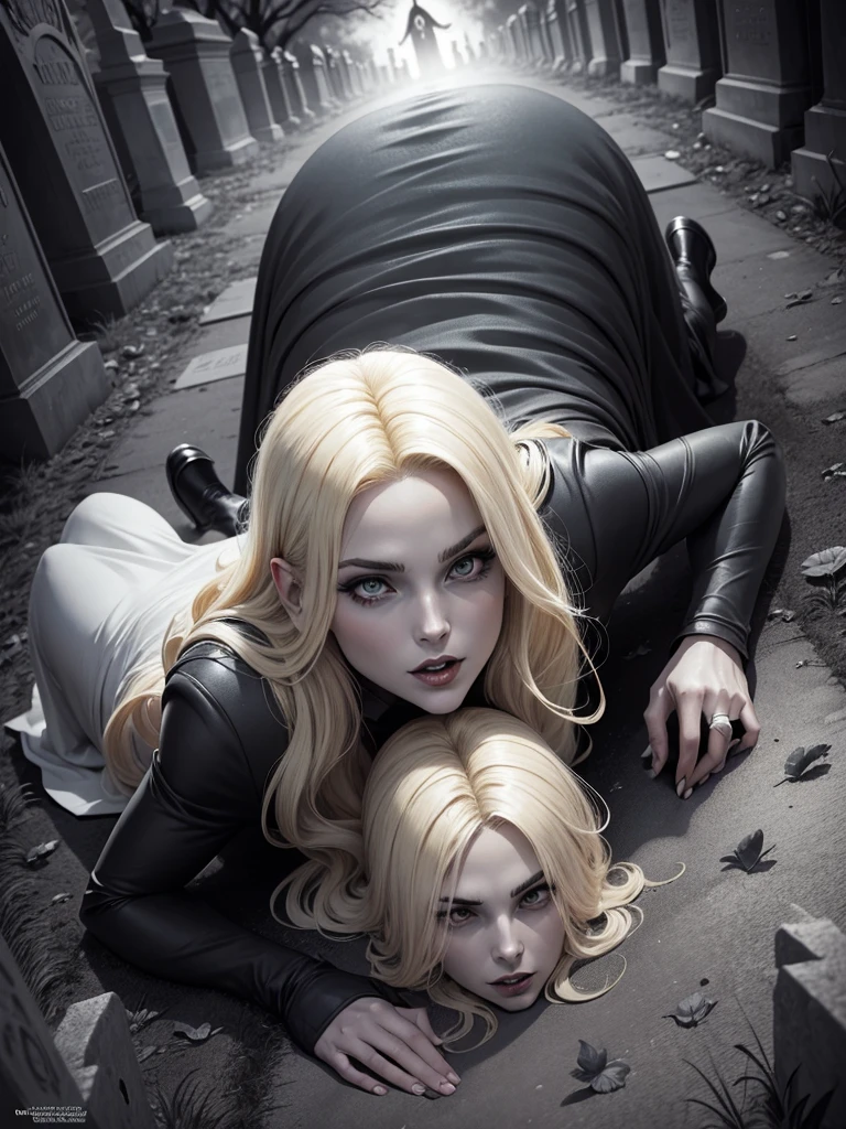 a black and white comic book image of a blonde woman vampire rising from her grave in a cemetery