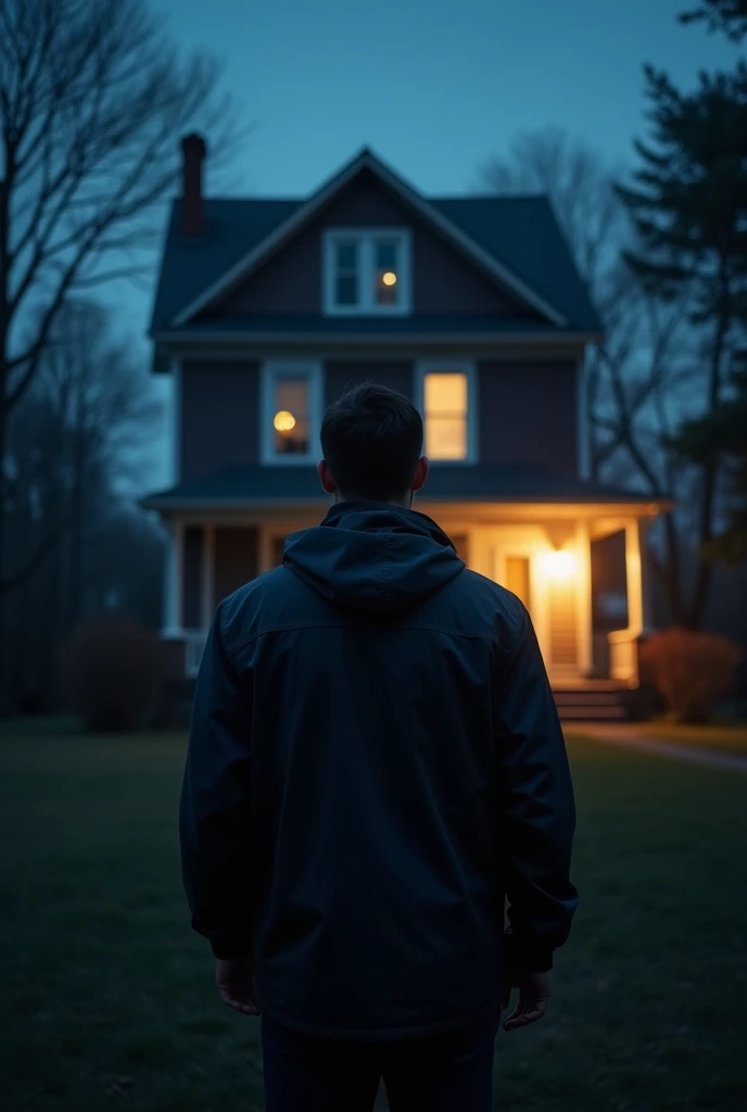 I want a cover where there is a man with his back turned looking at a house from a distance., It is nighttime and everything has an air of mystery. The house has cameras pointing directly at the man and in one of the windows on the second level of the house you can see a light on. It is the only one on since the house is in darkness. (It's very dark) Next to that house is another house since it is a neighborhood