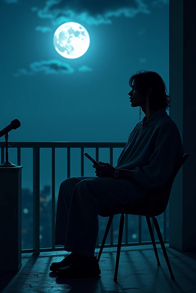 creates the image of a man sitting alone in a chair next to his balcony creating poems next to the window with a moon and a serene night, The dark-skinned man with shoulder-length wavy hair wearing oversized clothing and a hanging marijuana earring and a microphone on a pedestal while creating a feminine shadow