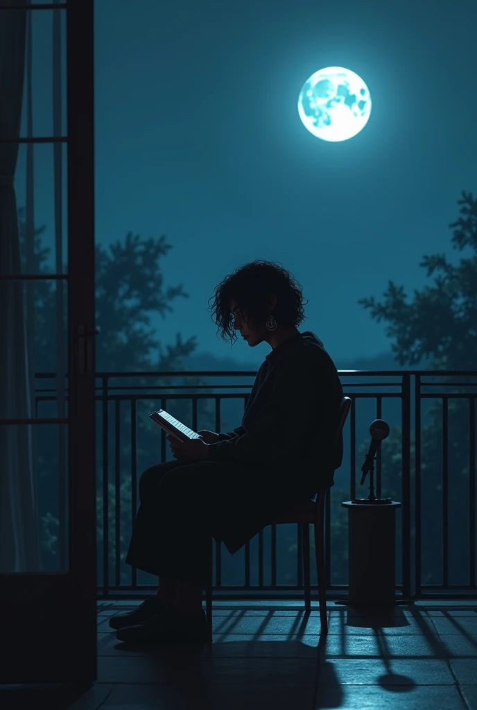 creates the image of a man sitting alone in a chair next to his balcony creating poems next to the window with a moon and a serene night, The dark-skinned man with shoulder-length wavy hair wearing oversized clothing and a hanging marijuana earring and a microphone on a pedestal while creating a feminine shadow