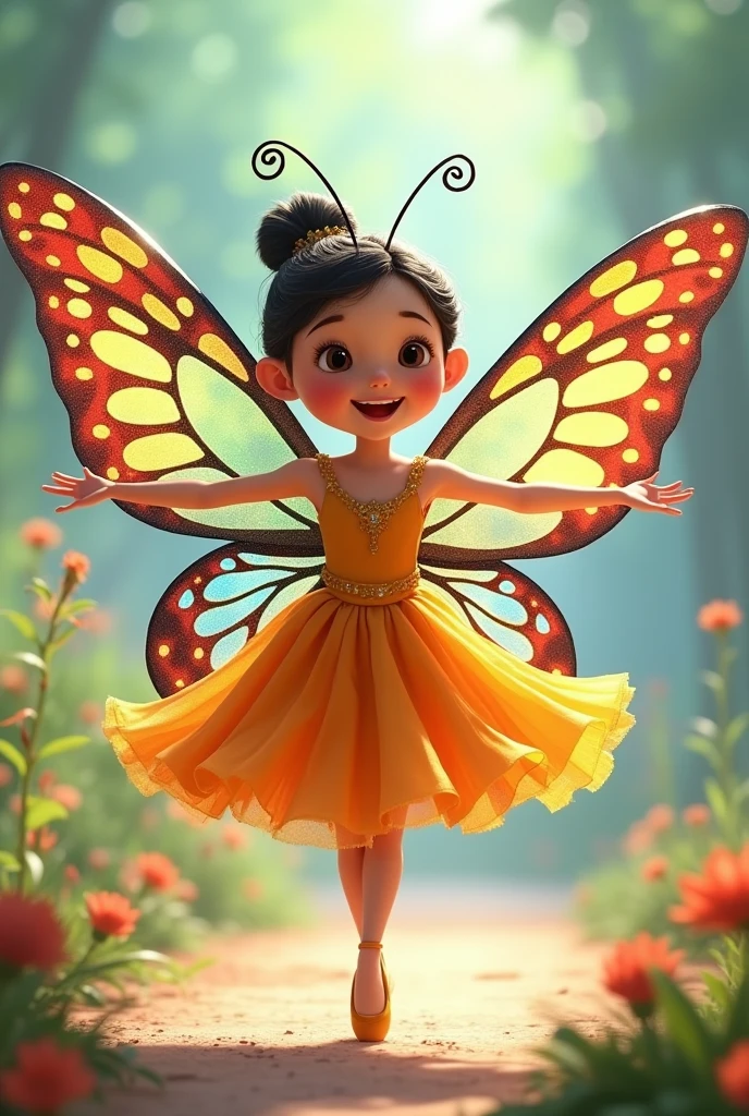 pixar image, ume dressed as a rare butterfly, big wings , Doing ballet pose, at the age of 11