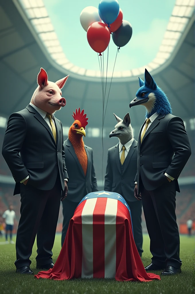 A muscular pig, puffed out chest, wearing a black suit, inside a soccer stadium, next to a muscular rooster bird, wearing a black suit, next to a blue male fox, with a muscular puffed out chest, wearing a black suit, next to a muscular vulture, with a puffed out chest, wearing a black suit, everyone is sad seeing a coffin with a flag over it in the colors blue, white, red, black balloons flying in the wind