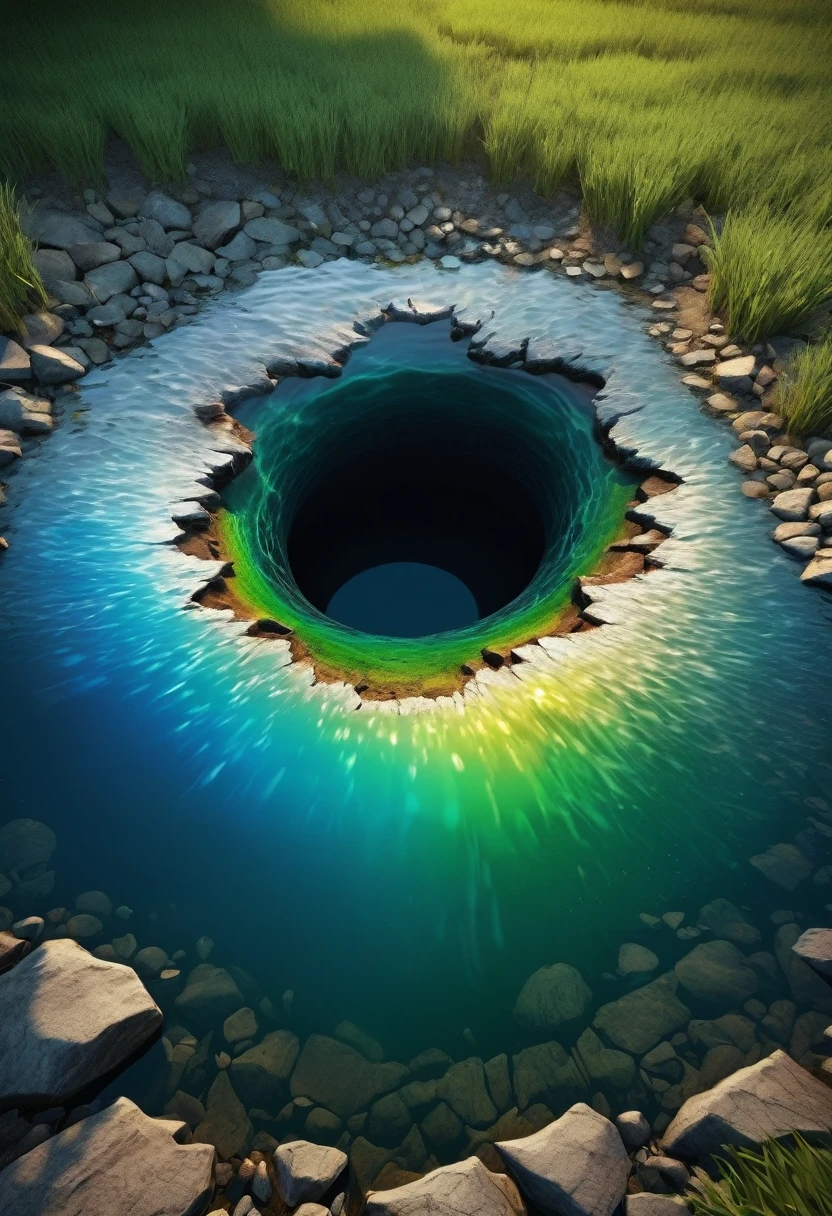 The surface of the lake, the water flowing into a mysterious large round hole, the iridescent splashes of water, (ultra detailed, absolutely resolution, best quality:1.3), 2.5D, delicate and dynamic effects, artistic photography, hyper realistic, graphic CG digital art, conceptual installation art