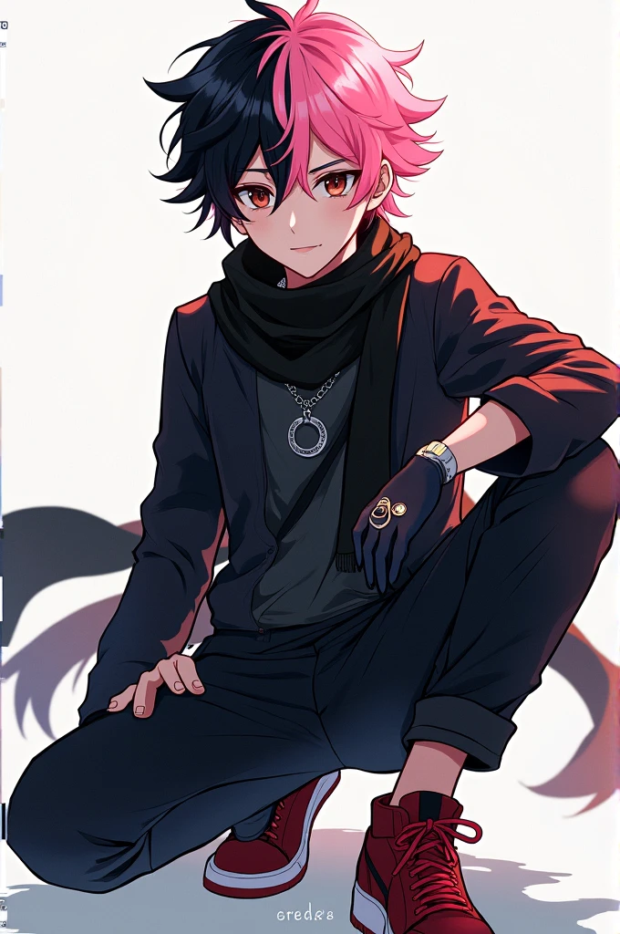 Create a male age anime character with pink and black hair with red scarf black clothes black pants with red sneakers charismatic with dark brown eyes