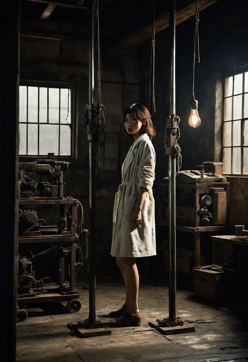colors, Misaki Sato, a genius botanist; a beautiful girl tied hand and foot to a steel pole in the center, unable to move; a determined, dirty face; a white coat; sweat beading on the forehead; the warehouse; a high ceiling with bare beams; dusty light coming through the window; spotlights from hanging bulbs; old machines and wooden boxes casting ominous shadows; the tense atmosphere, the tense atmosphere, the contrasting noir lighting. Old machinery and crates casting ominous shadows, tense atmosphere, contrasting noir lighting, hard textures, stills from thriller film, ultra fine detail, 8K --AR 16:9 --Stylize 1000