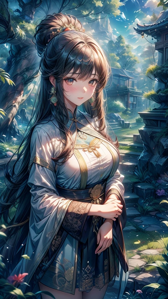 garden,On the grass,an oriental girl,long hair shawl,Miansha on the face,Big breasts,earrings,Wearing an ancient Han Dynasty mini lace skirt,Chest gemstone jewelry,坐在On the grass,