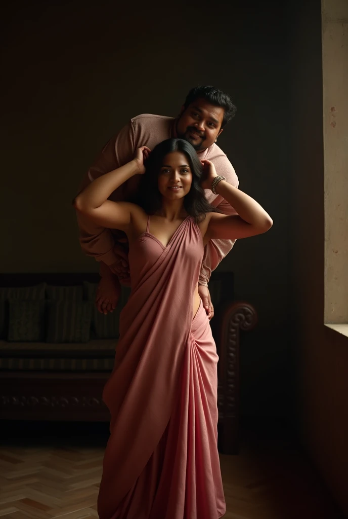 Beautiful and Slim Indian woman in a dark pink silk saree lifting piggyback a large chubby man above her shoulders, man is sitting on woman's shoulders, in a dark room with high ceiling, natural smile, woman is looking into the camera , she is holding his hands, full body image , show back side