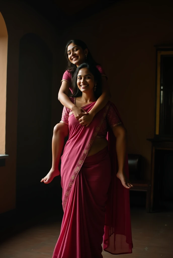 Beautiful and Slim Indian woman in a dark pink silk saree lifting piggyback a large chubby man above her shoulders, man is sitting on woman's shoulders, in a dark room with high ceiling, natural smile, woman is looking into the camera , she is holding his hands, full body image , show back side