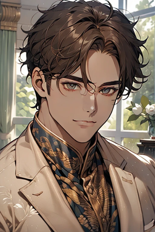 masterpiece, best quality, realistic, 1man, mature male, quiet and charming young man, 2, adorable, closed mouth, portrait, extremely detailed face, soft smile, ((dark amber eyes)), ((short-sides-swept curly light brown hair)), [thick eyebrows], living-room, ((white suit))