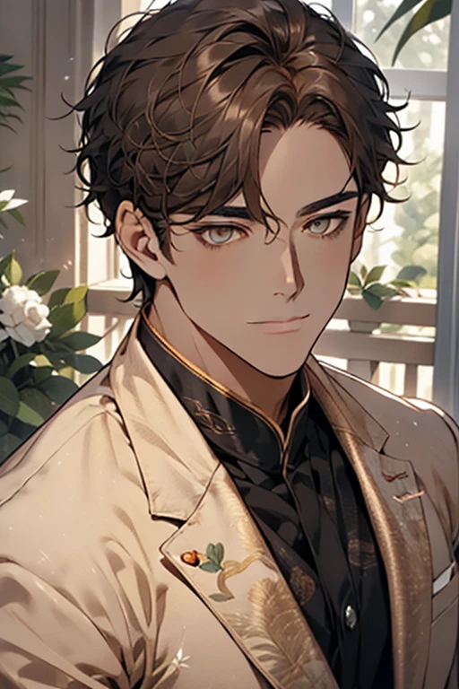 masterpiece, best quality, realistic, 1man, mature male, quiet and charming young man, 2, adorable, closed mouth, portrait, extremely detailed face, soft smile, ((dark amber eyes)), ((short-sides-swept curly light brown hair)), [thick eyebrows], living-room, ((white suit))