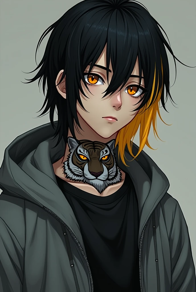 a tall boy of 1.80 long black hair with yellow streaks, big amber eyes with a mole on the lower right side of the right eye, He has a tiger tattooed in black tones on his right neck and is wearing a grey jacket and a black T-shirt.