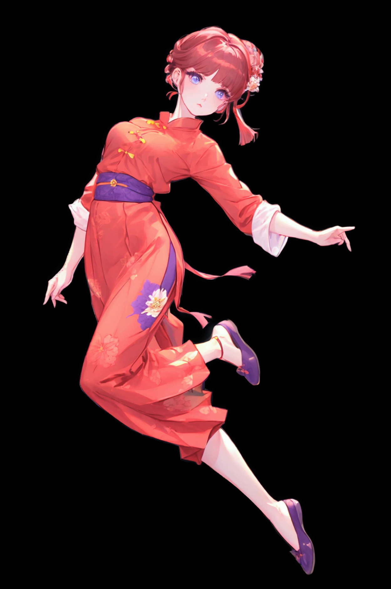 Using the female Saotome Ranma prototype, make a girl,Clear contours, Colorful full body photos, (Beautiful and delicate eyes), (pretty face:1.3), childish face, Red short hair with single ponytail, (Bangs), bumpy Bangs, blue gray eyes, big eyes，Plump breasts，(Clothes Chinese Hanfu)White shirt(fine lace),Fitted purple chiffon wide-legged high-waisted loose and elegant nine-cent pleated long skirt(Practical:1.2),(Floral Print),   (The actual upper and lower body clothes are:3.7 scale)，Face the camera head-on，One foot is slightly bent against the calf of the other leg。