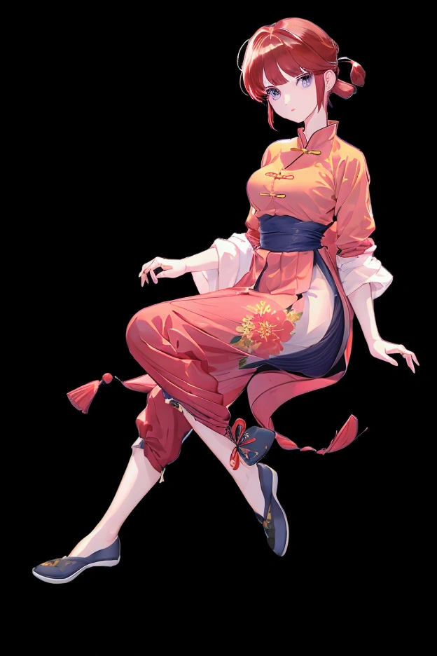 Using the female Saotome Ranma prototype, make a girl,Clear contours, Colorful full body photos, (Beautiful and delicate eyes), (pretty face:1.3), childish face, Red short hair with single ponytail, (Bangs), bumpy Bangs, blue gray eyes, big eyes,Plump breasts,(Clothes Chinese Hanfu)White shirt(fine lace),Fitted purple chiffon wide-legged high-waisted loose and elegant nine-cent pleated long skirt(Practical:1.2),(Floral Print), (The actual upper and lower body clothes are:3.7 scale),Face the camera head-on,One foot is slightly bent against the calf of the other leg。