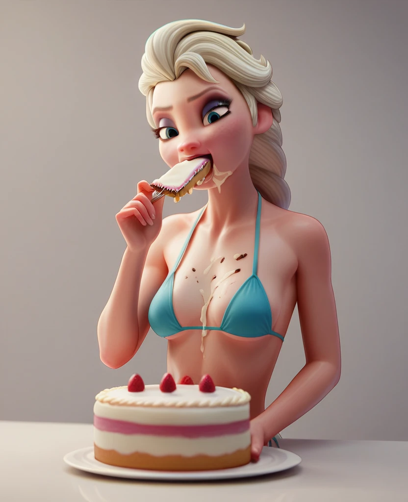 Skinny faced Surly elsa eating a cake,fullbodyimage,wearing a bikini,gained a pudgy belly,plumpbody