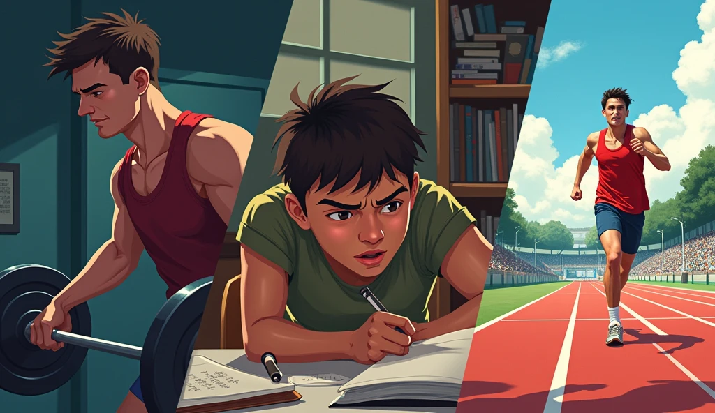 "A montage of different people facing challenges: an athlete struggles to lift weights, falling multiple times but then finally standing up; a student surrounded by books and papers takes a deep breath before diving back into studying; a runner stumbles on the track but gets back up and keeps running."