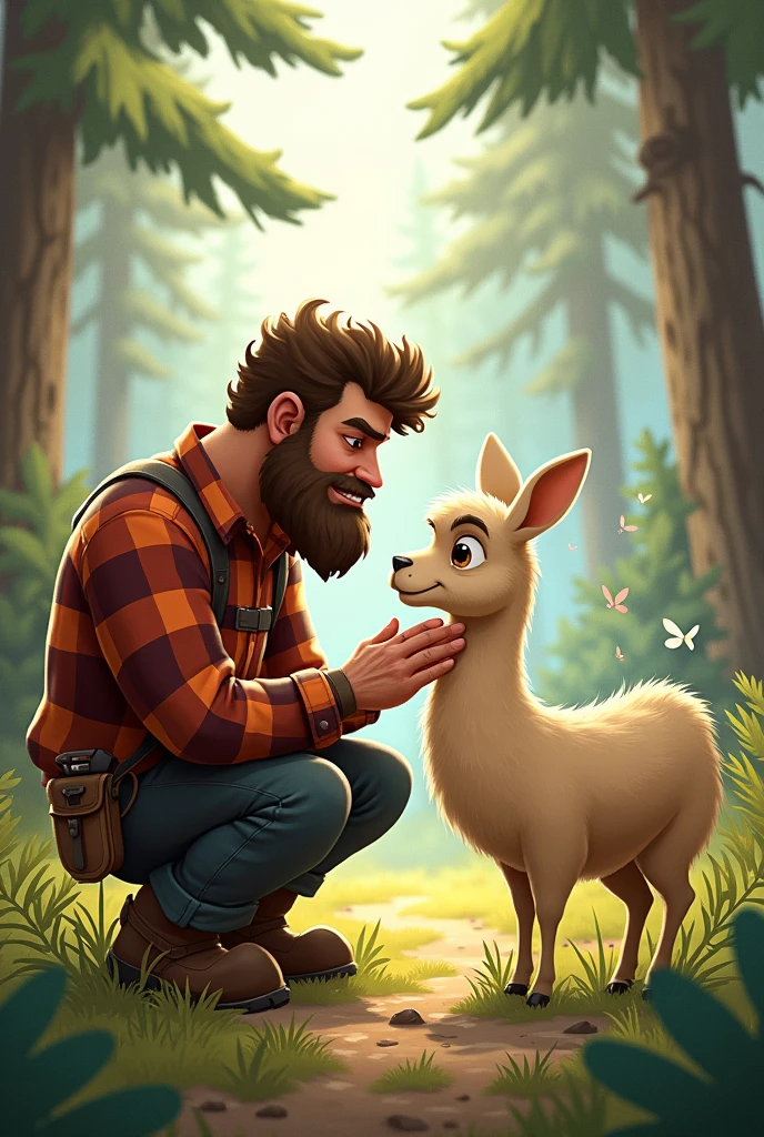 a lumberjack petting an animated vicuña