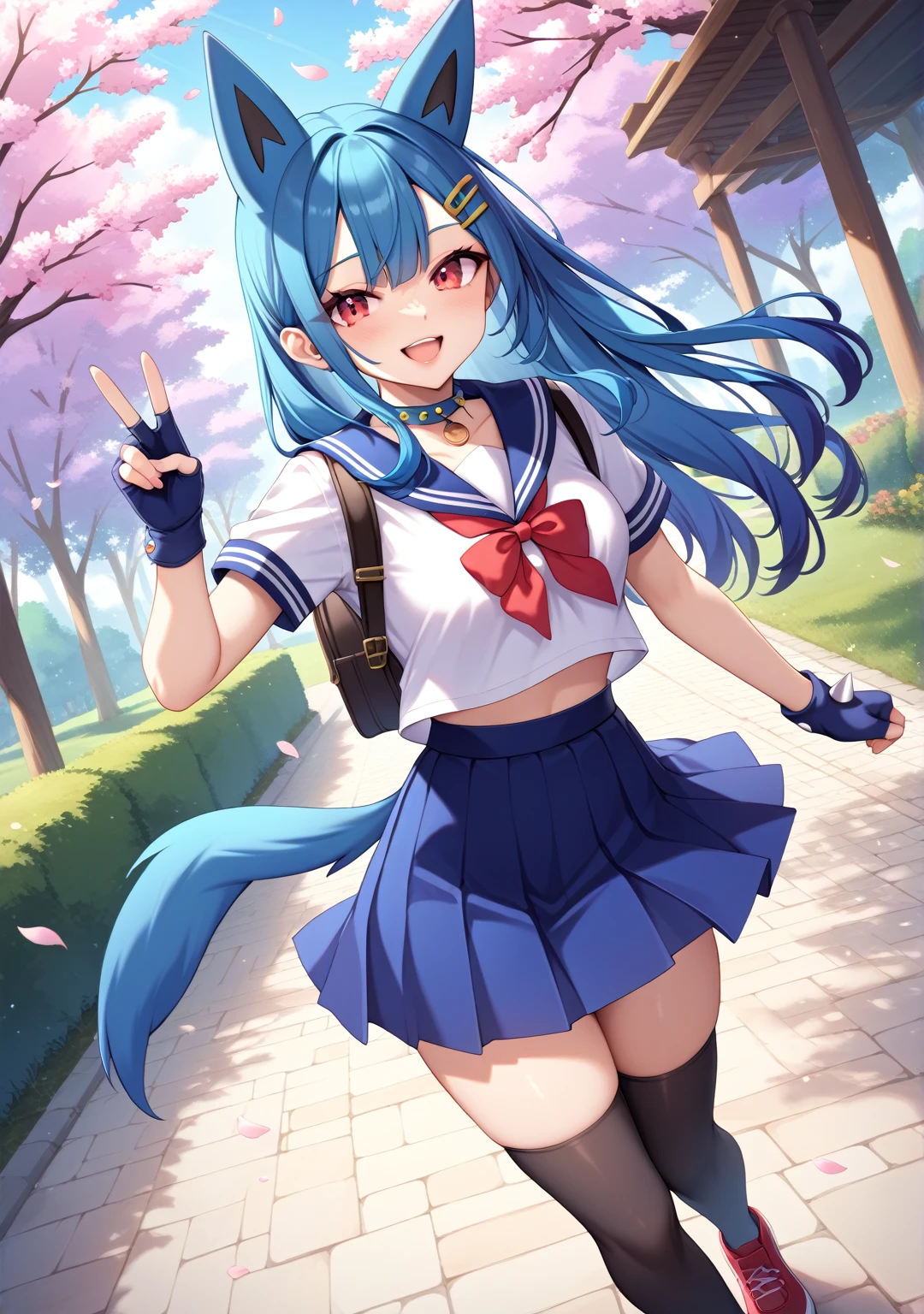 Digital illustration of a cute, feminized humanization of Mega Lucario in an anime style:
Character:

Young girl, 16-1
 build with a graceful posture
Fair skin with a very slight blue tint

Face and Hair:

Large, expressive red eyes with long lashes
Small nose and pink lips with a gentle smile
Long, flowing hair in deep blue with black highlights, reaching mid-back
Two pointed ear-like hair clips, resembling Lucario's ears

Outfit:

Cute, short-sleeved blue and black sailor-style school uniform dress
Golden bow at the collar, reminiscent of Lucario's chest spike
Black thigh-high socks with blue trim
Blue mary jane shoes with small metallic accents

Accessories:

Red ribbon choker
Blue fingerless gloves with subtle metallic details
Small, decorative blue tail attached to the back of the dress
Backpack shaped like Lucario's head

Pose:

Standing in a playful, energetic pose
One hand making a peace sign, the other holding a school book
Slight tilt of the head, giving a friendly expression

Background:

School courtyard or park with cherry blossoms

Lighting:

Bright, cheerful daylight
Soft highlights to enhance the cute appearance

Style:

Cute anime art style with clean lines and vibrant colors
Emphasis on adorable features and expressions
Soft shading for a gentle appearance

Color palette:

Predominantly blue and black for the outfit
Gold and red accents
Pastel tones for skin and background elements

Additional details:

Subtle aura-like glow around the character
Small metallic spikes on the shoes and gloves, as a nod to Lucario's design
Cheerful, friendly expression

Overall impression:

A cute, approachable interpretation of Mega Lucario as a schoolgirl
Balance between human features and subtle Pokémon-inspired elements
Conveys a sense of energy and friendliness while maintaining some of Lucario's key visual traits