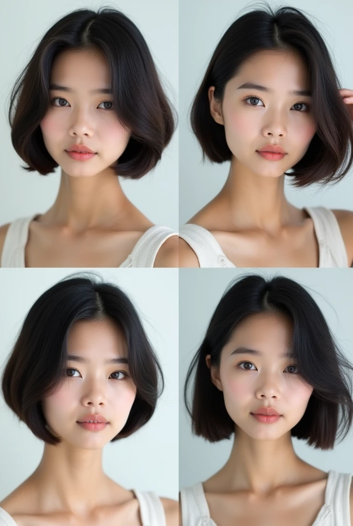 The image is a collage of four photos of a young asian woman with 4 variant bob cut hairstyles, same face, thin face.
